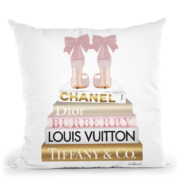 Gold Bookstack With Pink & BowoesÊ Throw Pillow By Amanda Greenwood