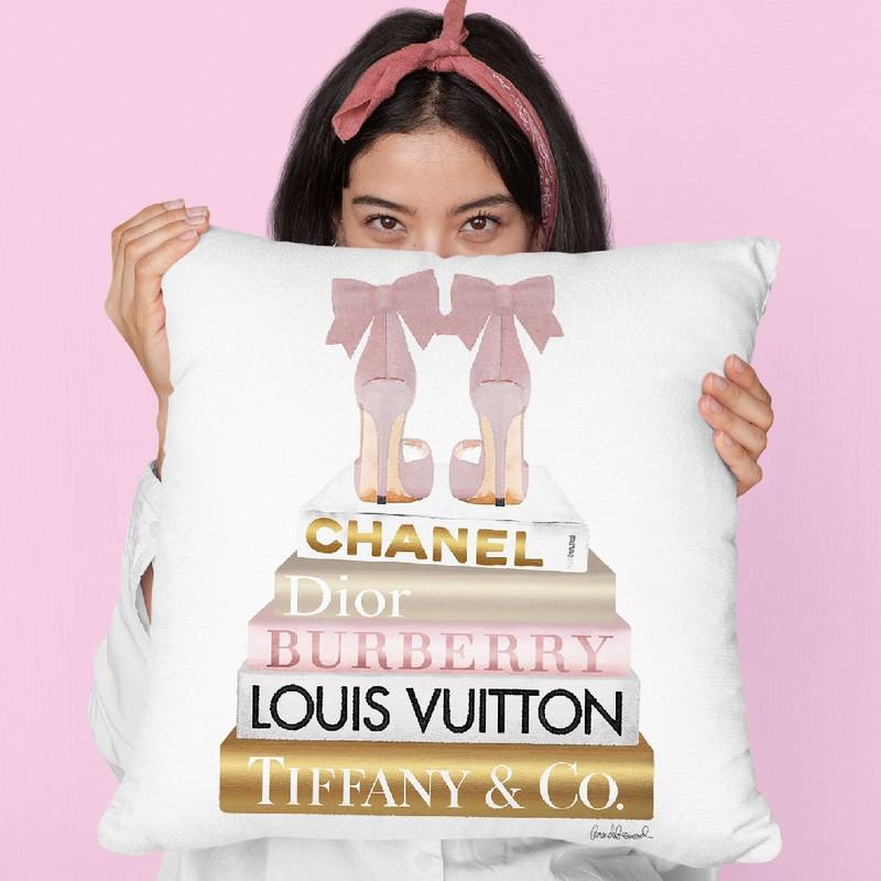Gold Bookstack With Pink & BowoesÊ Throw Pillow By Amanda Greenwood