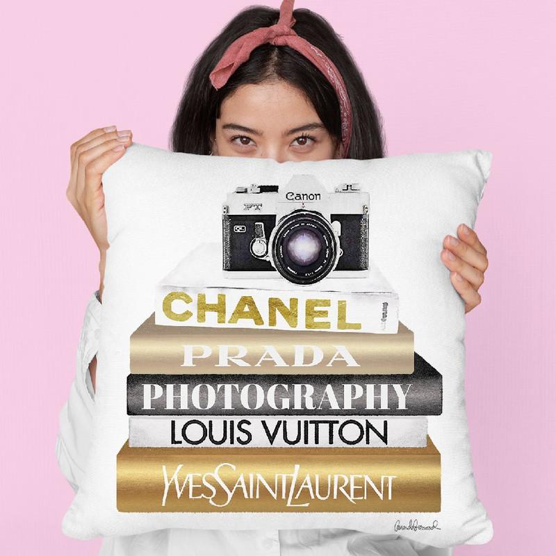 Gold Bookstack With Camera Throw Pillow By Amanda Greenwood