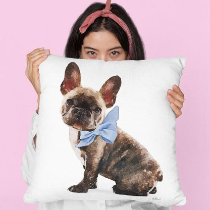 Brindle Frenchie Blue Bow Throw Pillow By Amanda Greenwood