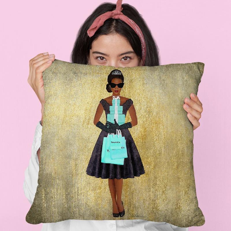Shopping Spree, Gold, Teal & Black, African American Throw Pillow By Amanda Greenwood