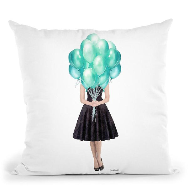 Audrey Holding Balloons, Teal Throw Pillow By Amanda Greenwood