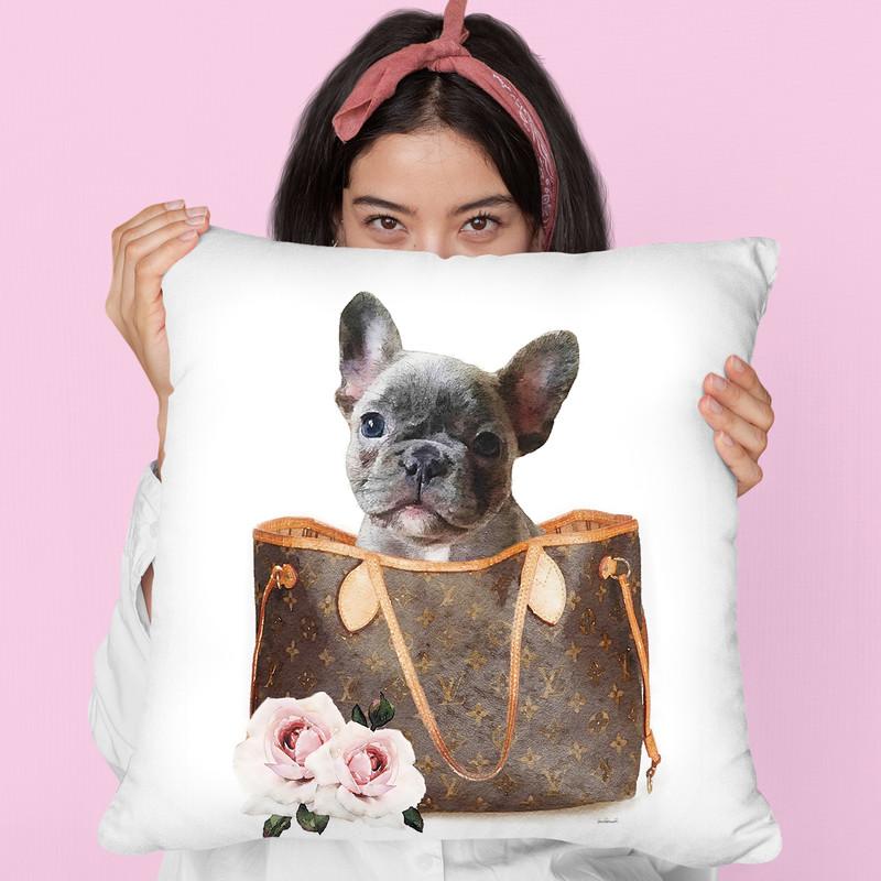 Brown Shoulder Bag With Grey Frenchie Throw Pillow By Amanda Greenwood