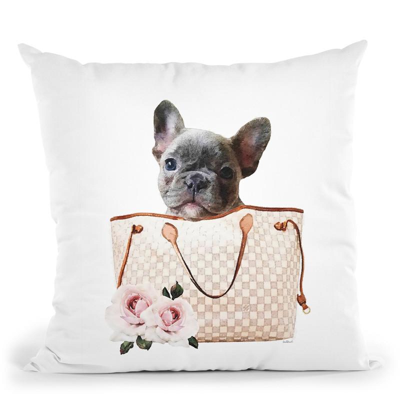 Grey/Tan Shoulder Bag With Grey Frenchie Throw Pillow By Amanda Greenwood