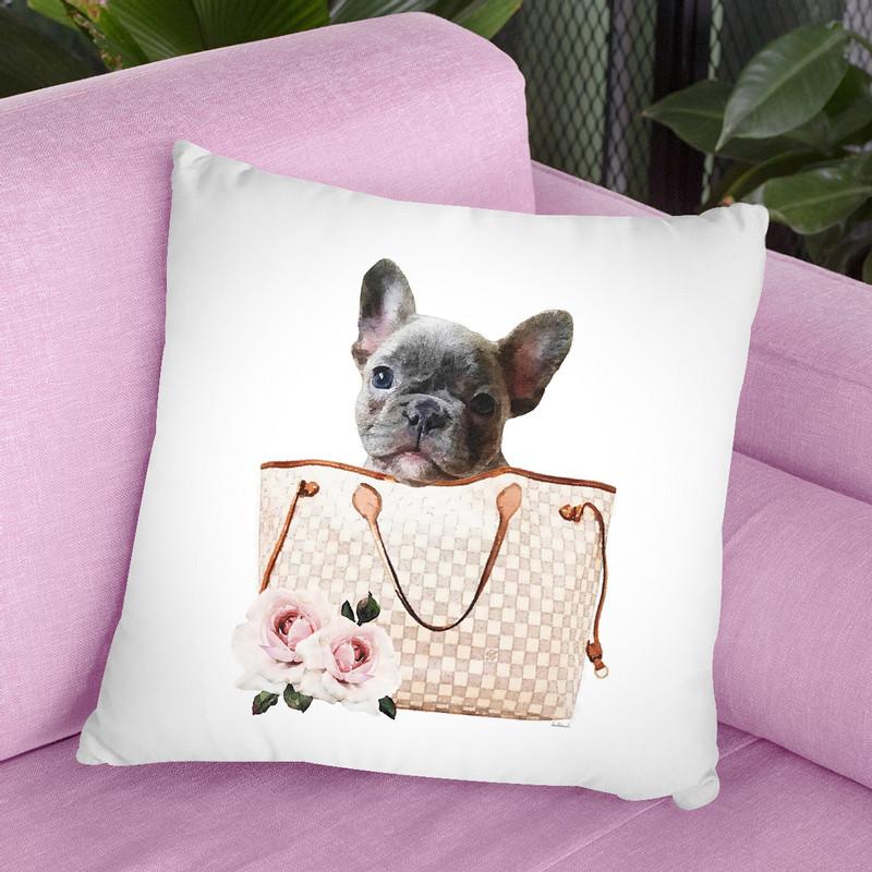 Grey/Tan Shoulder Bag With Grey Frenchie Throw Pillow By Amanda Greenwood