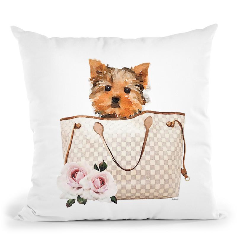 Grey/Tan Shoulder Bag With Yorkie Throw Pillow By Amanda Greenwood