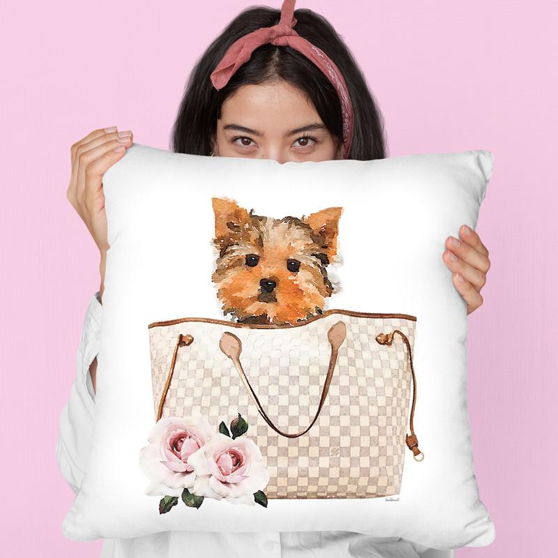 Grey/Tan Shoulder Bag With Yorkie Throw Pillow By Amanda Greenwood