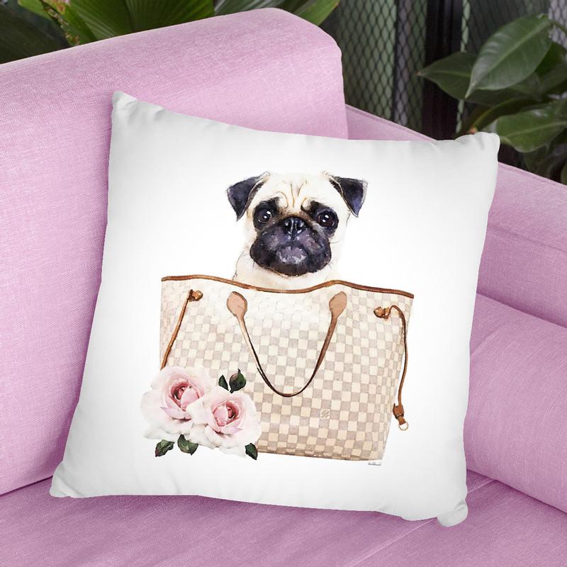 Grey/Tan Shoulder Bag With Cream Pug Throw Pillow By Amanda Greenwood