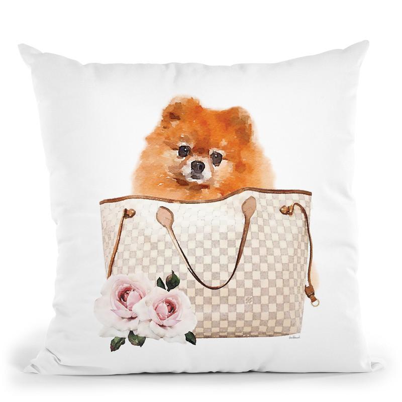 Grey/Tan Shoulder Bag With Pomeranian Throw Pillow By Amanda Greenwood