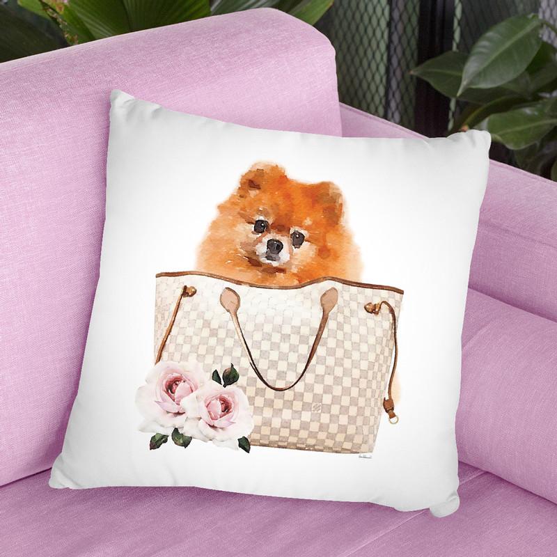 Grey/Tan Shoulder Bag With Pomeranian Throw Pillow By Amanda Greenwood