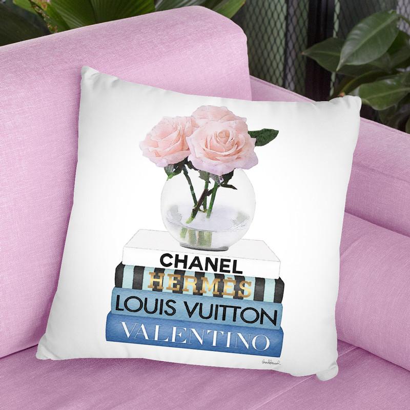 Short Book Stack With Stripe, Roses In Round Vase Throw Pillow By Amanda Greenwood