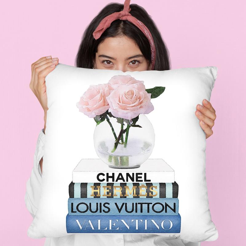 Short Book Stack With Stripe, Roses In Round Vase Throw Pillow By Amanda Greenwood