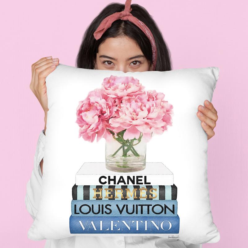 Short Book Stack With Stripe, Peony In Vase Throw Pillow By Amanda Greenwood