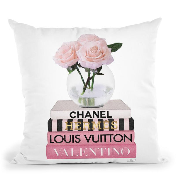 Short Pink Book Stack With Stripe, Roses In Round Vase Throw Pillow By Amanda Greenwood