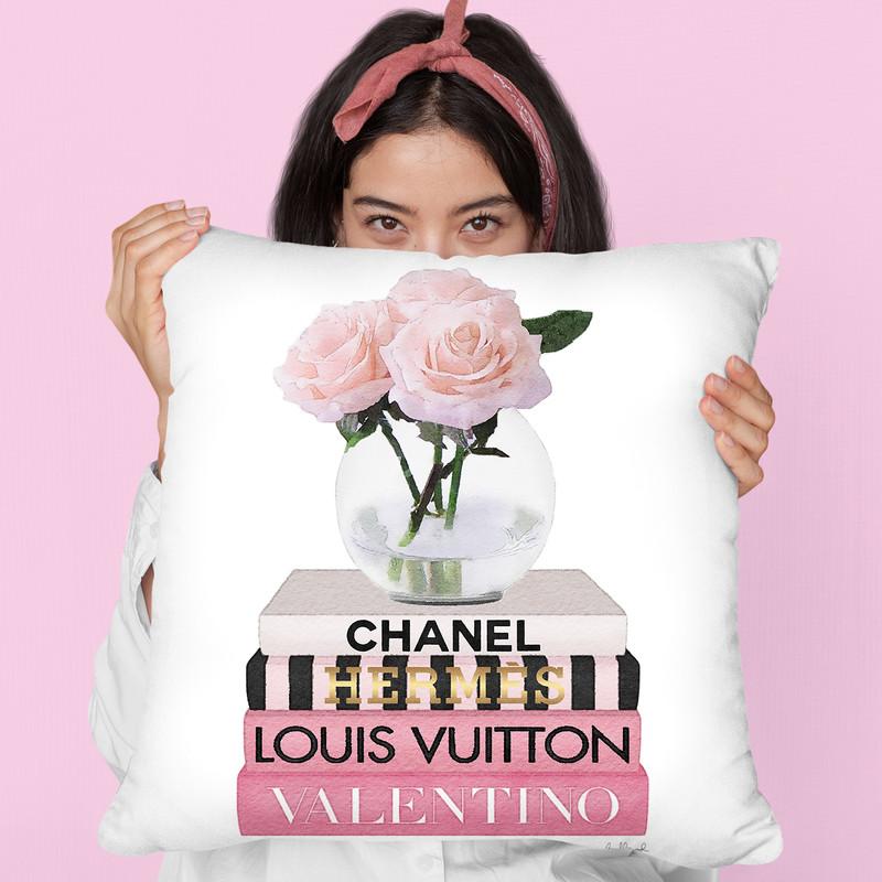 Short Pink Book Stack With Stripe, Roses In Round Vase Throw Pillow By Amanda Greenwood