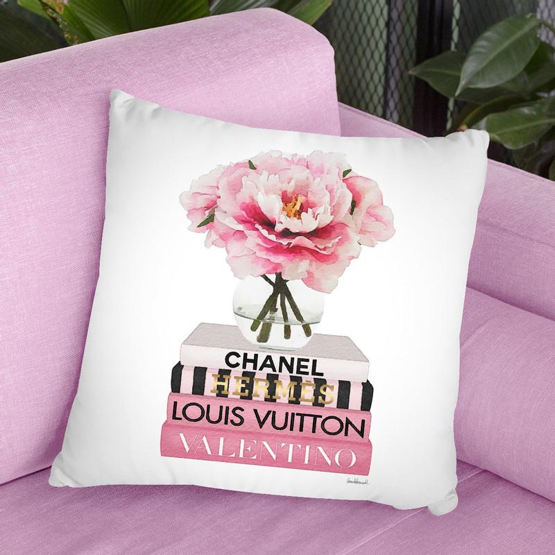 Short Pink Book Stack With Stripe, Peony In Round Vase Throw Pillow By Amanda Greenwood