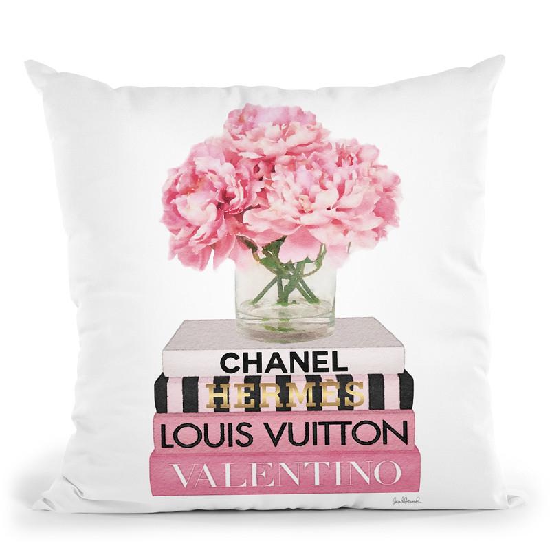 Short Pink Book Stack With Stripe, Peony In Vase Throw Pillow By Amanda Greenwood