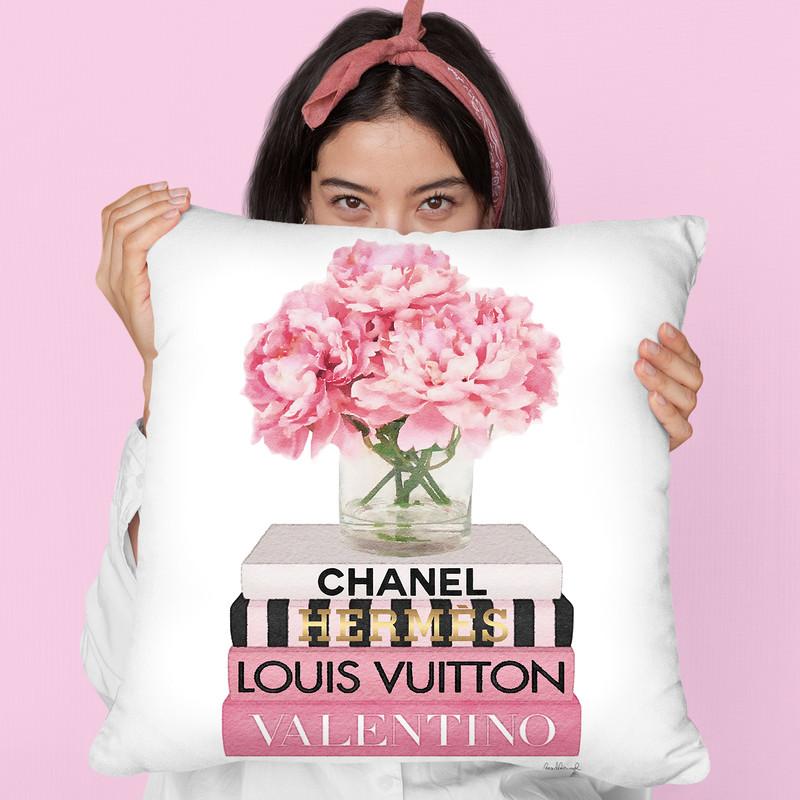 Short Pink Book Stack With Stripe, Peony In Vase Throw Pillow By Amanda Greenwood