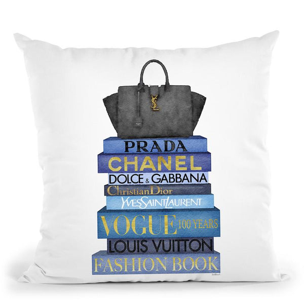 Tall Blue Books, Black Bag Throw Pillow By Amanda Greenwood