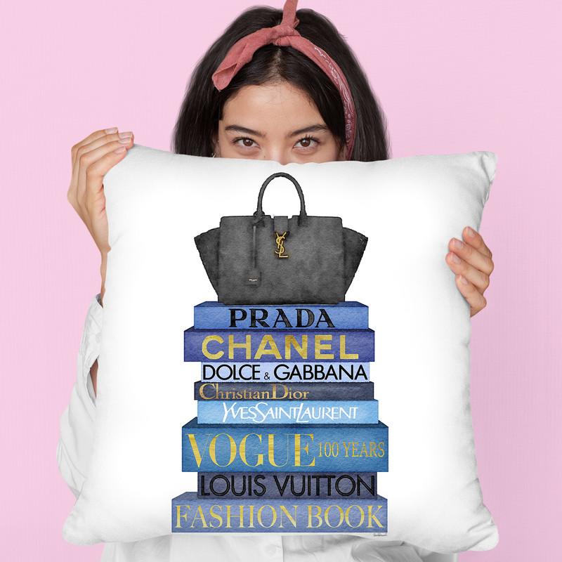Tall Blue Books, Black Bag Throw Pillow By Amanda Greenwood