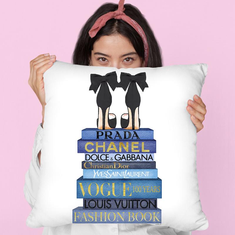 Tall Blue Books, Black Shoes Throw Pillow By Amanda Greenwood
