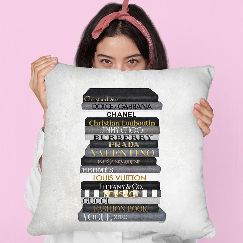 High Fashion Book Stack Black & White, Gold Font Throw Pillow By Amanda Greenwood