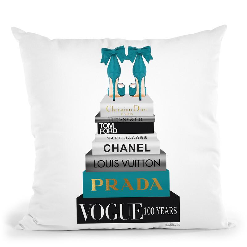 Tall Book Stack In Turquoise With Bow Shoes Throw Pillow By Amanda Greenwood