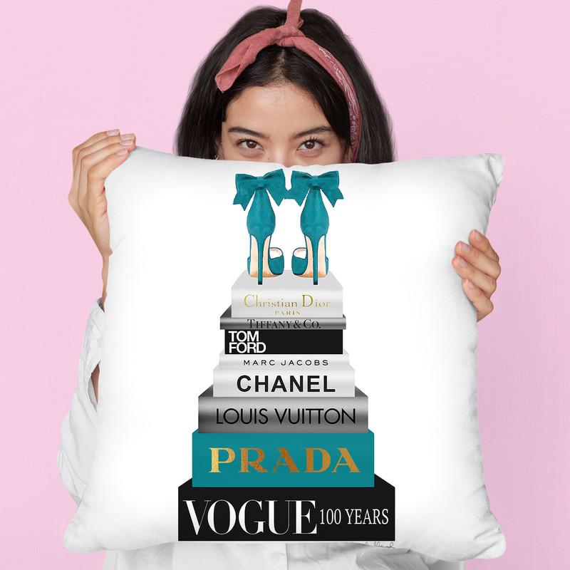 Tall Book Stack In Turquoise With Bow Shoes Throw Pillow By Amanda Greenwood