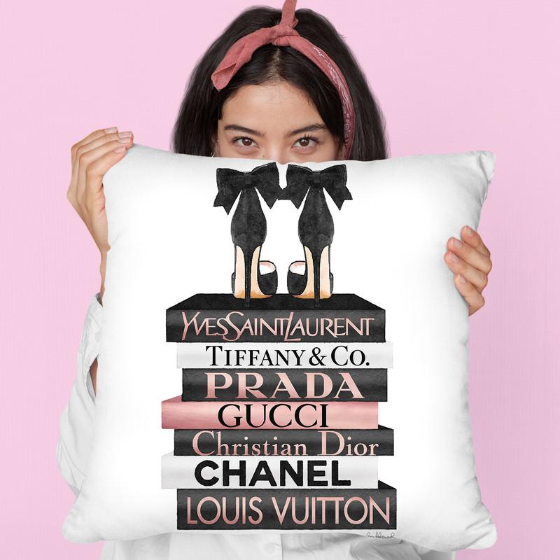 Rose Gold & Black Book Stack With Black Heel Throw Pillow By Amanda Greenwood