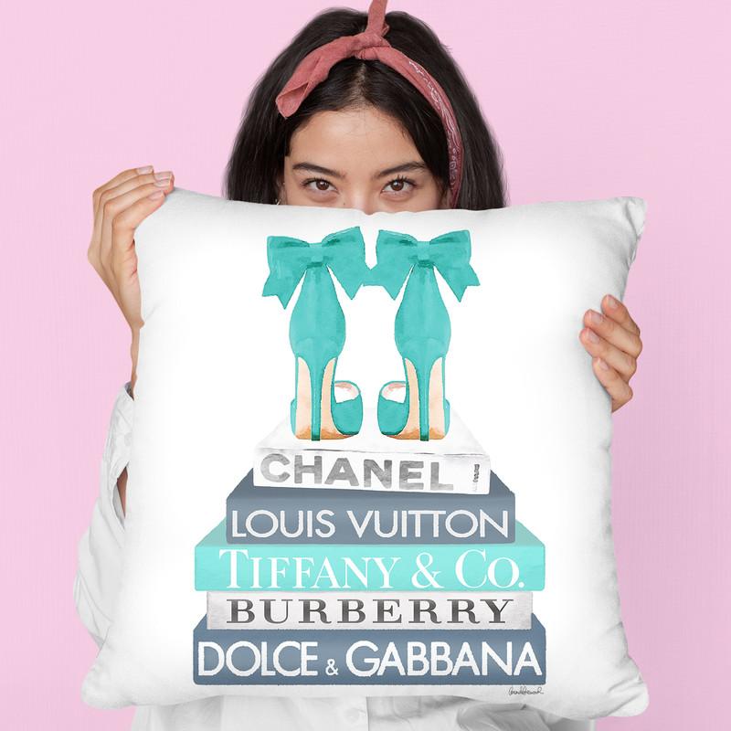 Blue And Teal Fashion Books With Bow Shoes Throw Pillow By Amanda Greenwood
