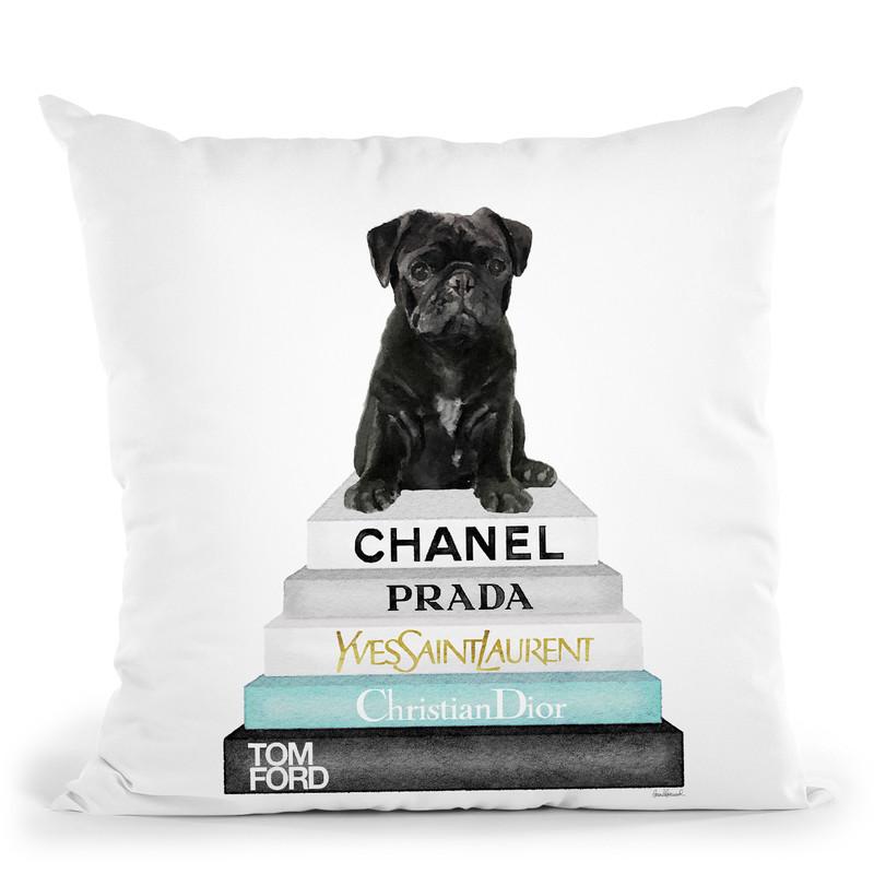 Grey & Teal Fashion Books With Black Pug Throw Pillow By Amanda Greenwood