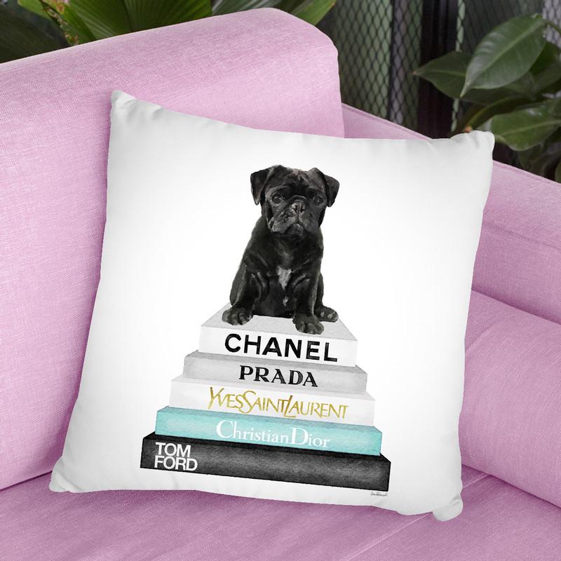 Grey & Teal Fashion Books With Black Pug Throw Pillow By Amanda Greenwood