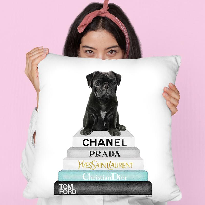 Grey & Teal Fashion Books With Black Pug Throw Pillow By Amanda Greenwood