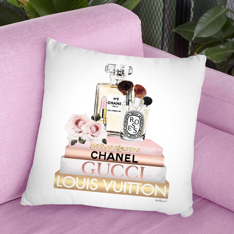 Blush & Gold Books, Make Up Set And Roses Throw Pillow By Amanda Greenwood