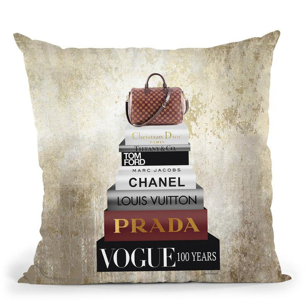 Tall Book Stack With Brown Bag & Gold Background Throw Pillow By Amanda Greenwood