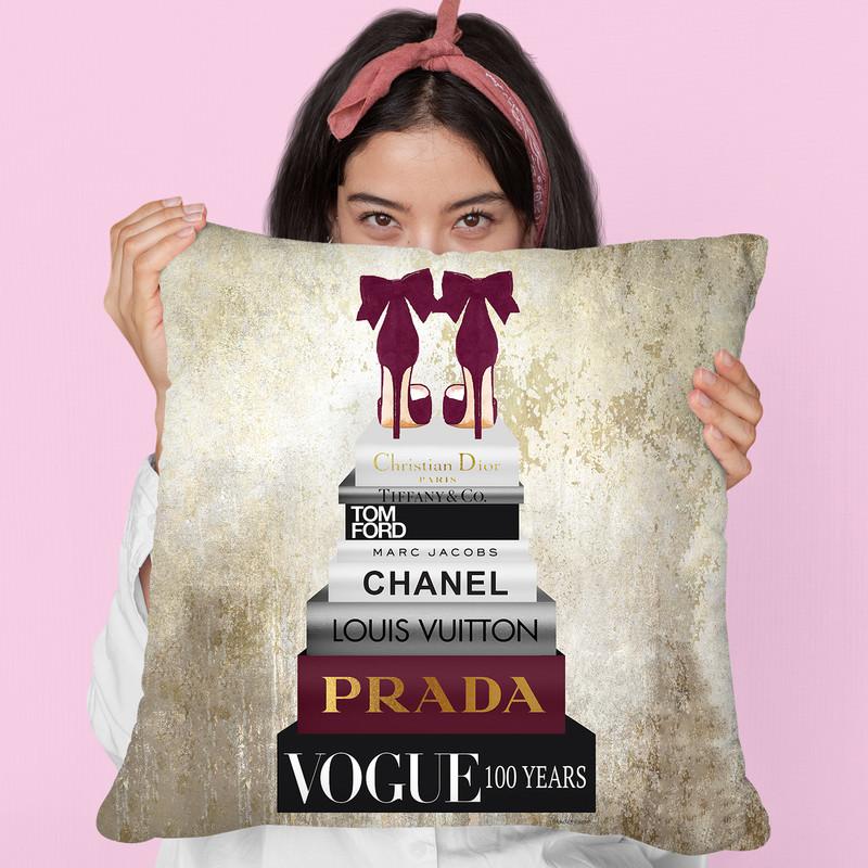 Tall Book Stack With Burgundy Shoes & Gold Background Throw Pillow By Amanda Greenwood