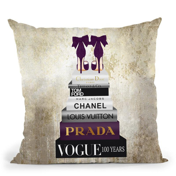 Tall Book Stack With Purple Shoes & Gold Background Throw Pillow By Amanda Greenwood