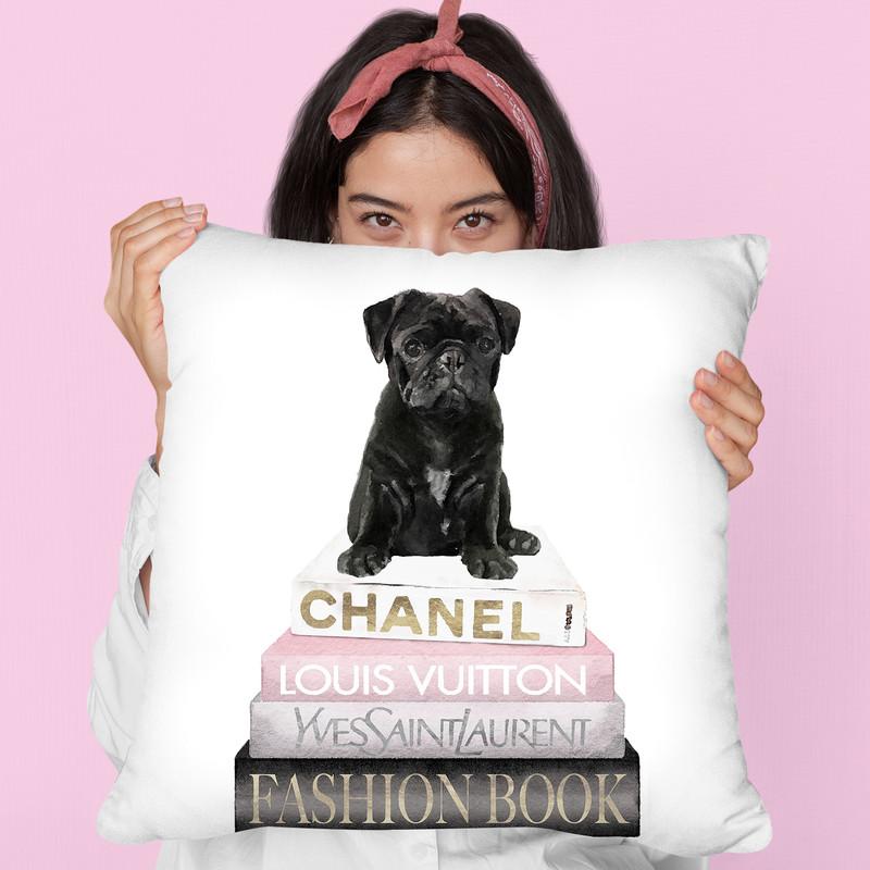 New Books Grey Blush With Black Pug Throw Pillow By Amanda Greenwood