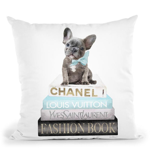 New Books Grey Blue With Grey Frenchie Side Bow Throw Pillow By Amanda Greenwood