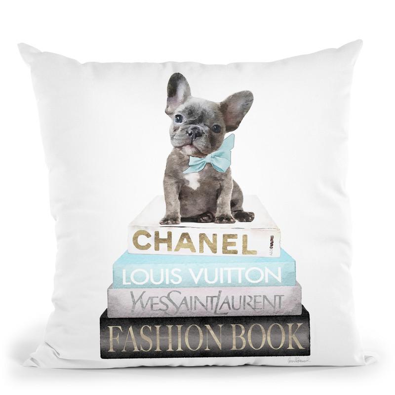 New Books Grey Blue With Grey Frenchie Side Bow Throw Pillow By Amanda Greenwood
