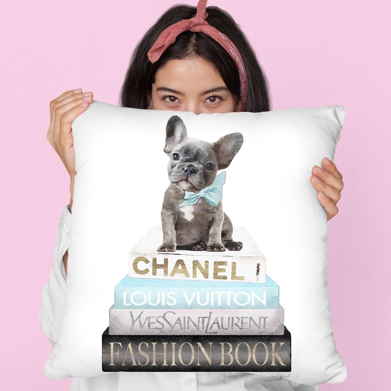 New Books Grey Blue With Grey Frenchie Side Bow Throw Pillow By Amanda Greenwood