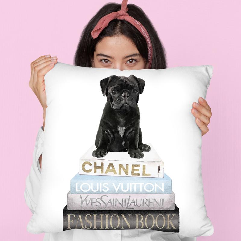 New Books Grey Blue With Black Pug Throw Pillow By Amanda Greenwood