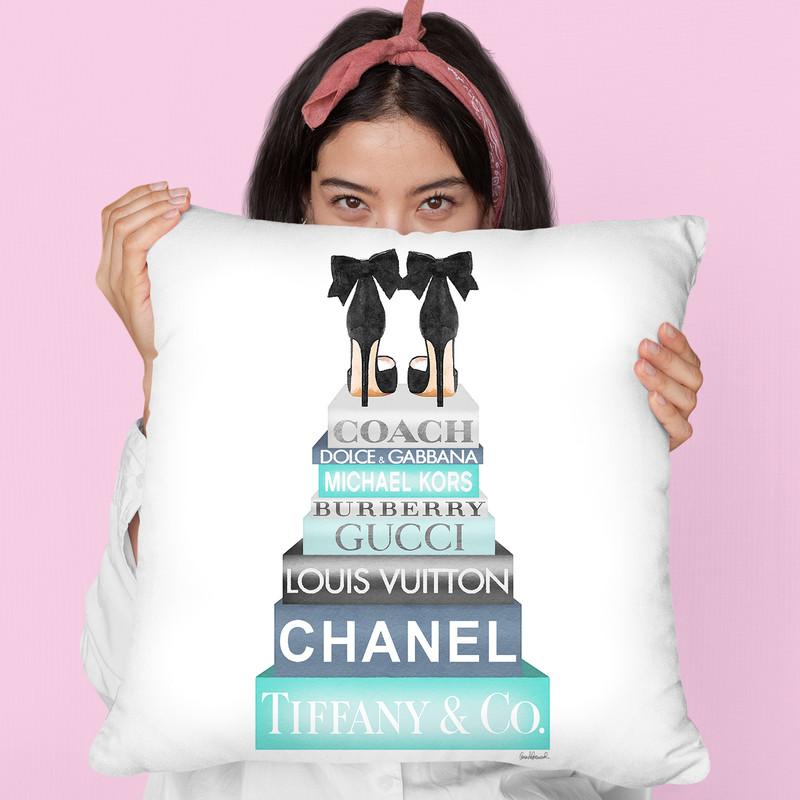 Tall Books, Blue, Teal And Grey With Bow Shoes Throw Pillow By Amanda Greenwood