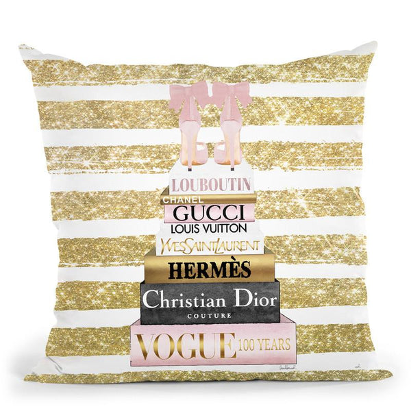 Tall Pink And Gold With Bow Shoes, Glitter Stripe Throw Pillow By Amanda Greenwood