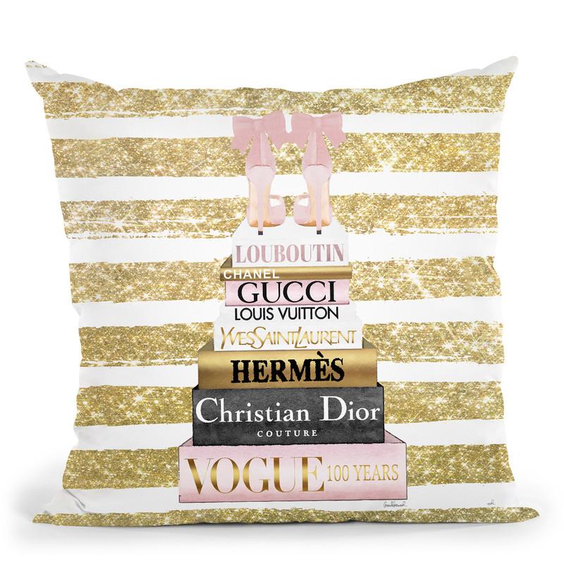 Tall Pink And Gold With Bow Shoes, Glitter Stripe Throw Pillow By Amanda Greenwood