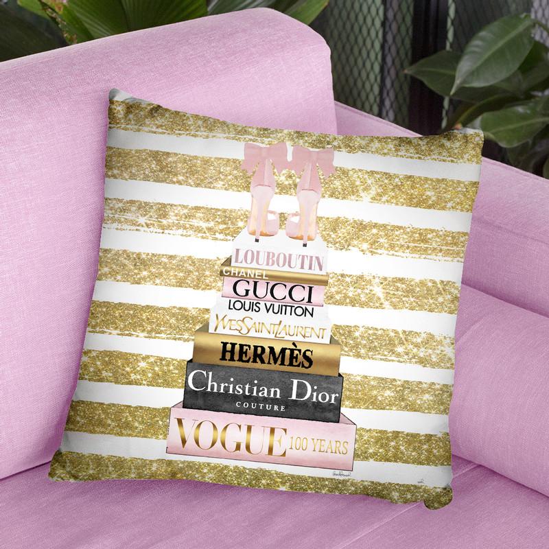 Tall Pink And Gold With Bow Shoes, Glitter Stripe Throw Pillow By Amanda Greenwood