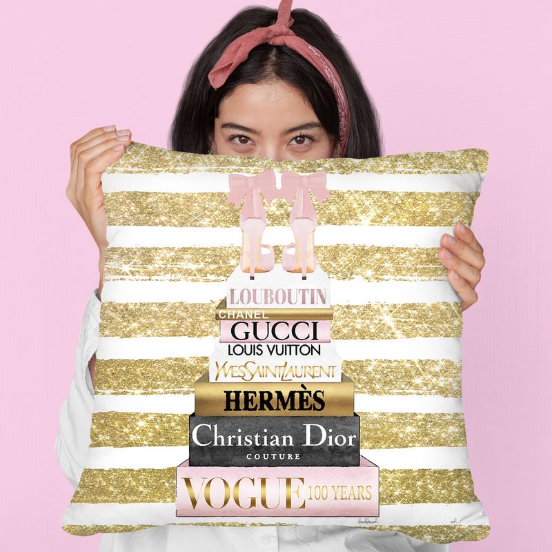 Tall Pink And Gold With Bow Shoes, Glitter Stripe Throw Pillow By Amanda Greenwood
