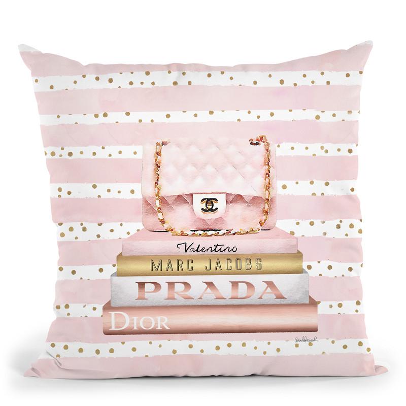 Books Medium Blush With Quilted Bag. Pink Stripes Gold Dots Throw Pillow By Amanda Greenwood