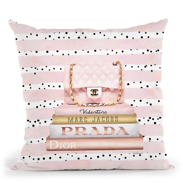 Books Medium Blush With Quilted Bag. Pink Stripes Black Dots Throw Pillow By Amanda Greenwood