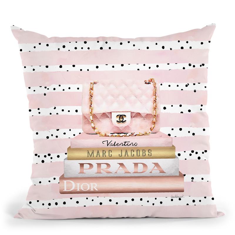 Books Medium Blush With Quilted Bag. Pink Stripes Black Dots Throw Pillow By Amanda Greenwood